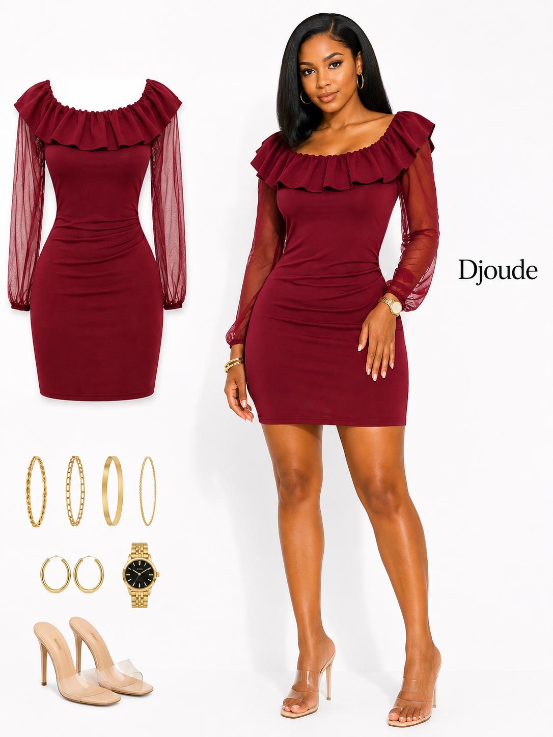 Burgundy Ruffle Sheer Sleeves Bodycon Mini Dress