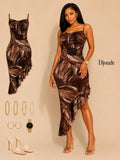 Brown Abstract Print Asymmetrical Midi Dress