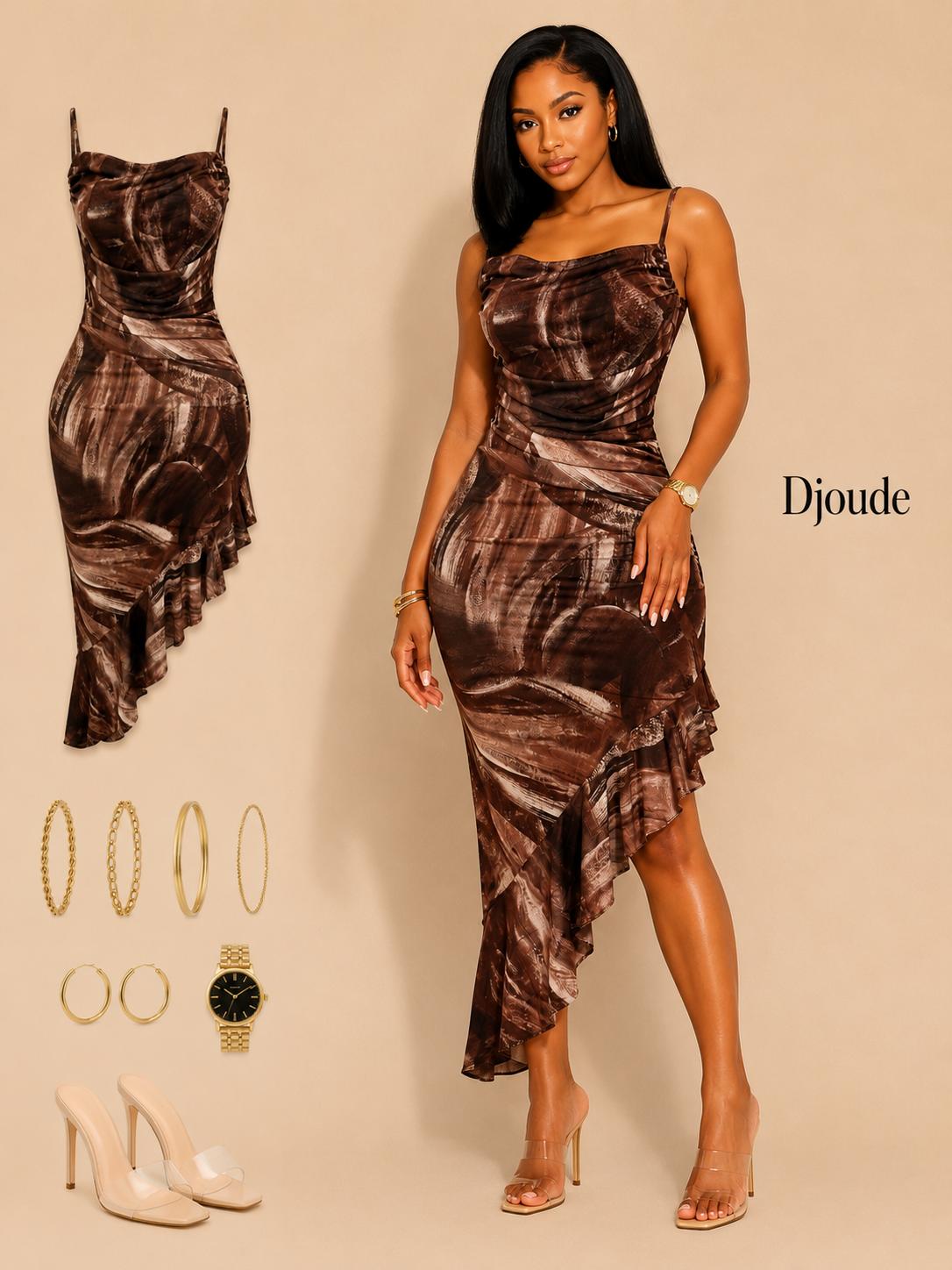 Brown Abstract Print Asymmetrical Midi Dress